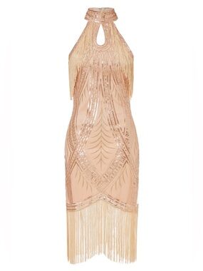 BABEYOND Champagne Gold Sequin Beaded Fringe Halter Gatsby Flapper Dress Med